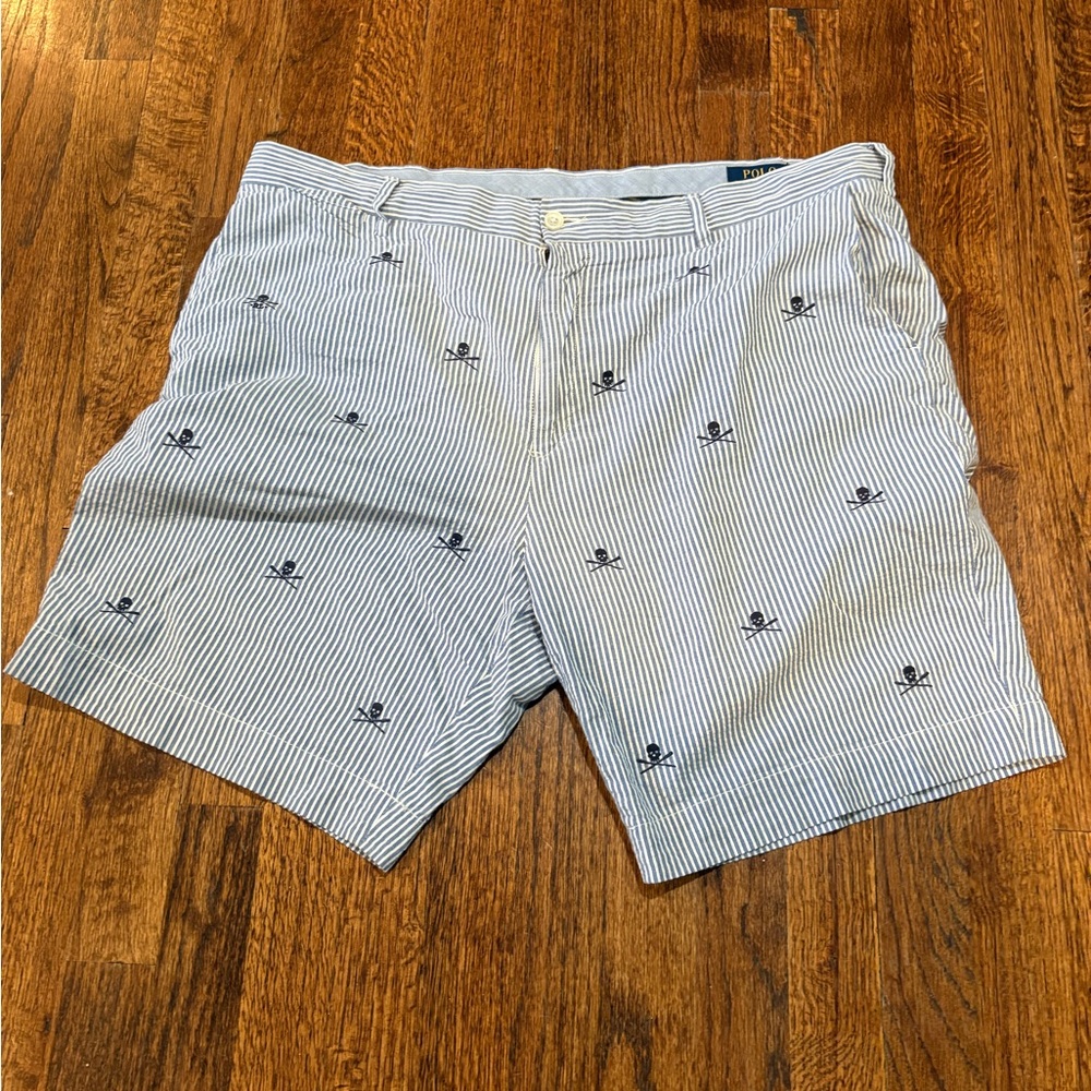 Polo Ralph Lauren Blue & White Stripe Seersucker Skull and bone Shorts 38
